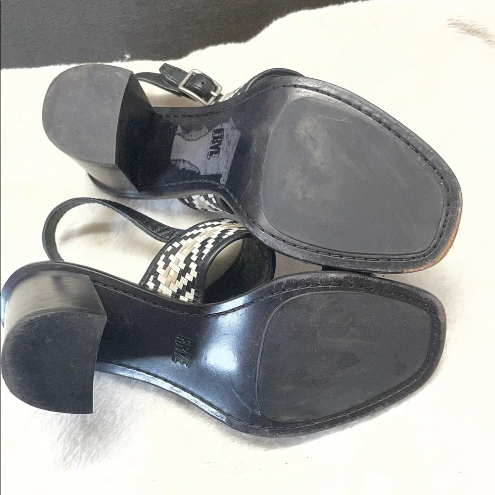 Frye Amy Black Block Heel Sandal with Woven Neutral‎ Accent